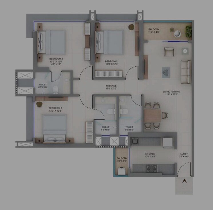 Floor Plan, supreme-boulevard 3 Bedroom 1065 Sq.Ft. Apartment In Chembur Mumbai 7732644