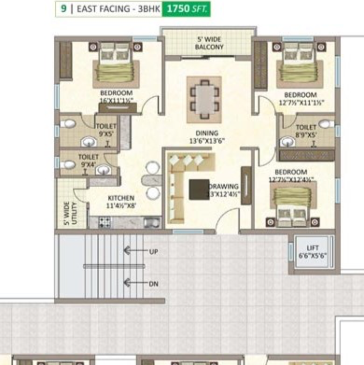 Floor Plan, kranti-park-royal 3 Bedroom 1750 Sq.Ft. Apartment In Sainikpuri Hyderabad 7737330