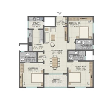 Floor Plan in 3.5 BHK Apartment at Sobha Neopolis, Panathur – for Sale