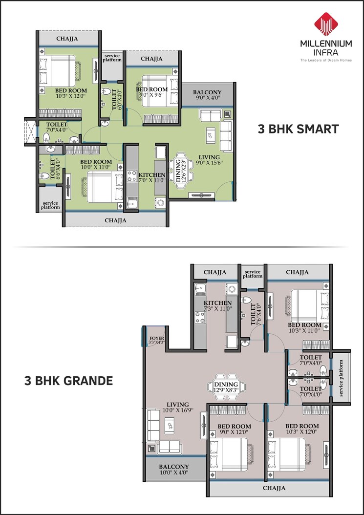 Floor Plan, millennium-flora 2 Bedroom 1100 Sq.Ft. Apartment In New Panvel Sector 17 Navi Mumbai 7769905
