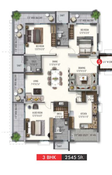 Floor Plan in 3 BHK Apartment at Poulomi Avante, Kokapet – for Sale