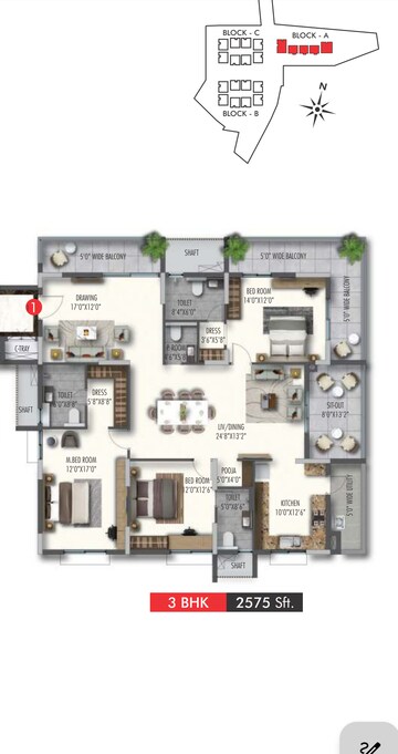 Floor Plan in 3 BHK Apartment at Poulomi Avante, Kokapet – for Sale
