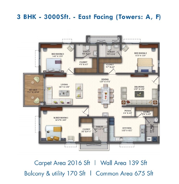 Floor Plan, rajapushpa-pristinia 3 Bedroom 3000 Sq.Ft. Apartment In Kokapet Hyderabad 7771917