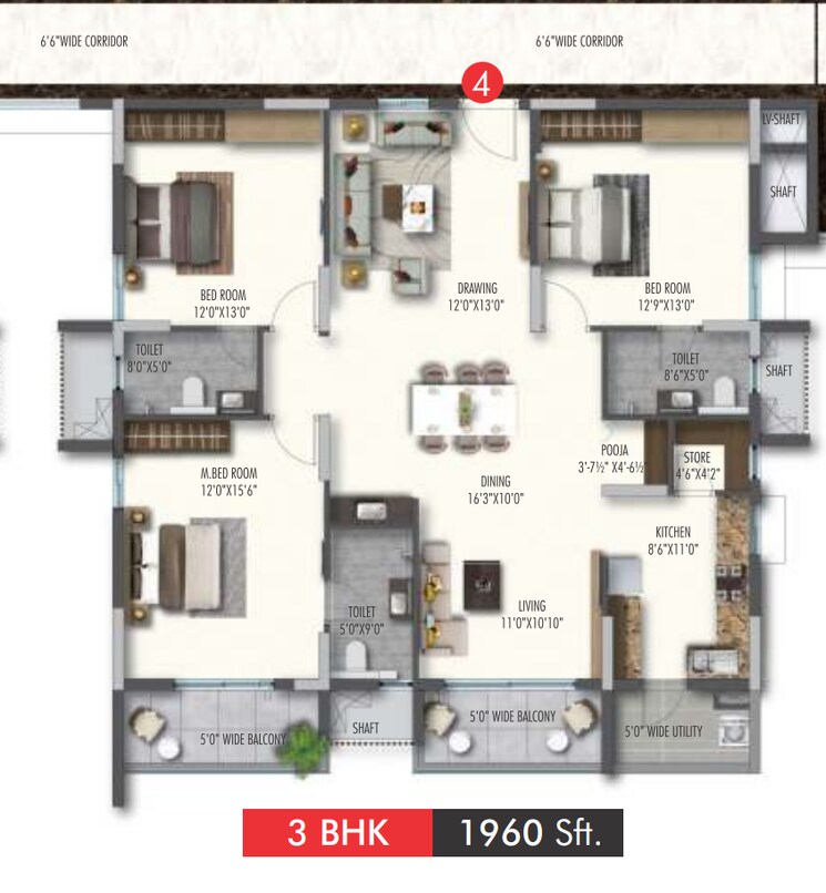 Floor Plan, poulomi-avante 3 Bedroom 1960 Sq.Ft. Apartment In Kokapet Hyderabad 7772106