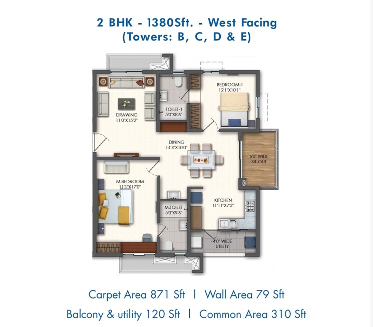 Floor Plan, rajapushpa-pristinia 2 Bedroom 1380 Sq.Ft. Apartment In Kokapet Hyderabad 7772618