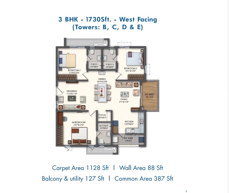 Floor Plan, rajapushpa-pristinia 3 Bedroom 1730 Sq.Ft. Apartment In Kokapet Hyderabad 7772714