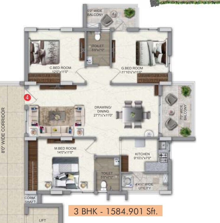 Floor Plan, veekay-the-communittee 3 Bedroom 1584 Sq.Ft. Apartment In Mokila Hyderabad 7782719