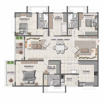 Floor Plan in 3 BHK Apartment at Prestige Clairemont, Kokapet – for Sale