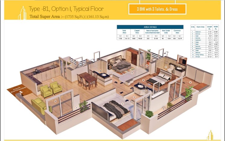 Floor Plan, purvanchal-royal-city 3 Bedroom 1735 Sq.Ft. Apartment In Chi V Greater Noida Greater Noida 7791998