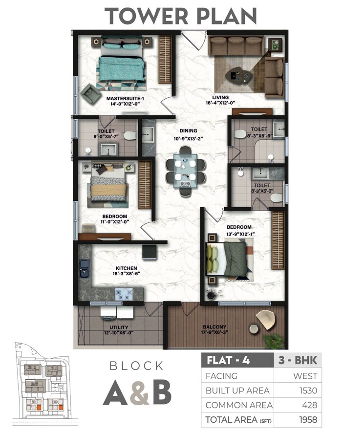 Floor Plan, candeur-crescent 3 Bedroom 1958 Sq.Ft. Apartment In Serilingampally Hyderabad 7793045