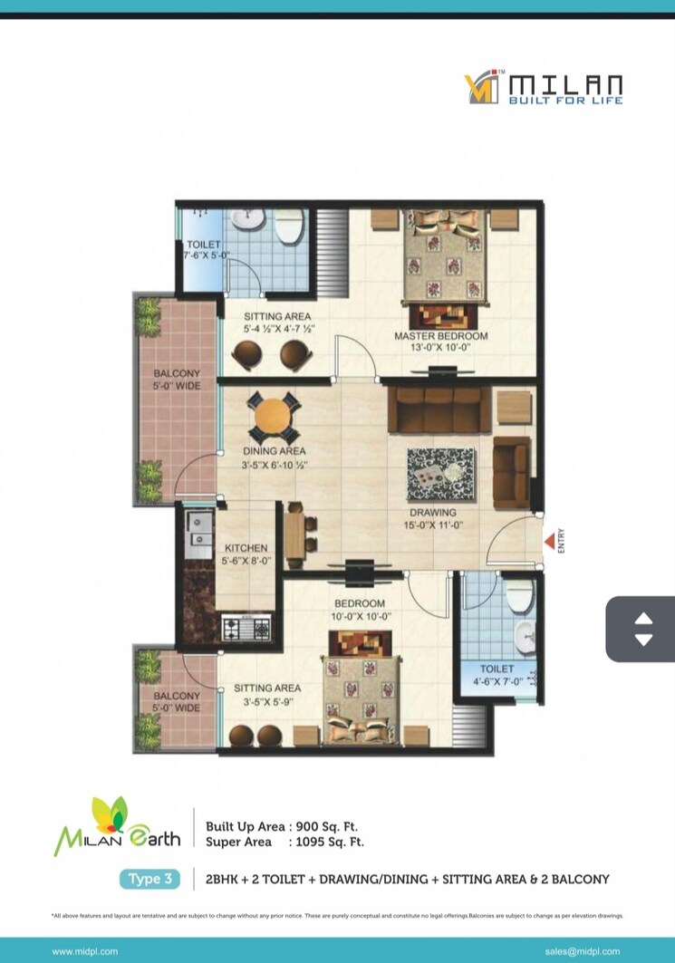 Floor Plan, milan-earth 2 Bedroom 1095 Sq.Ft. Apartment In Raj Nagar Extension Ghaziabad 7810570