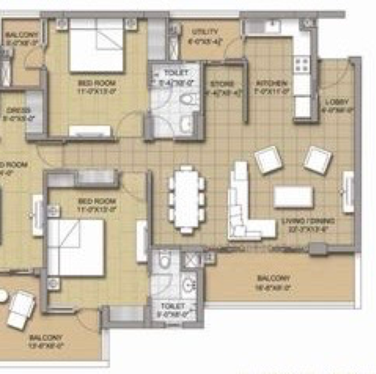 Floor Plan, sushma-chandigarh-grande 3 Bedroom 1885 Sq.Ft. Apartment In Ghazipur Zirakpur 7822921