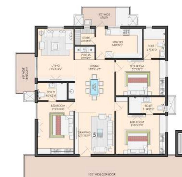 Floor Plan, manikonda 3 Bedroom 2200 Sq.Ft. Apartment In Manikonda Hyderabad 7830103