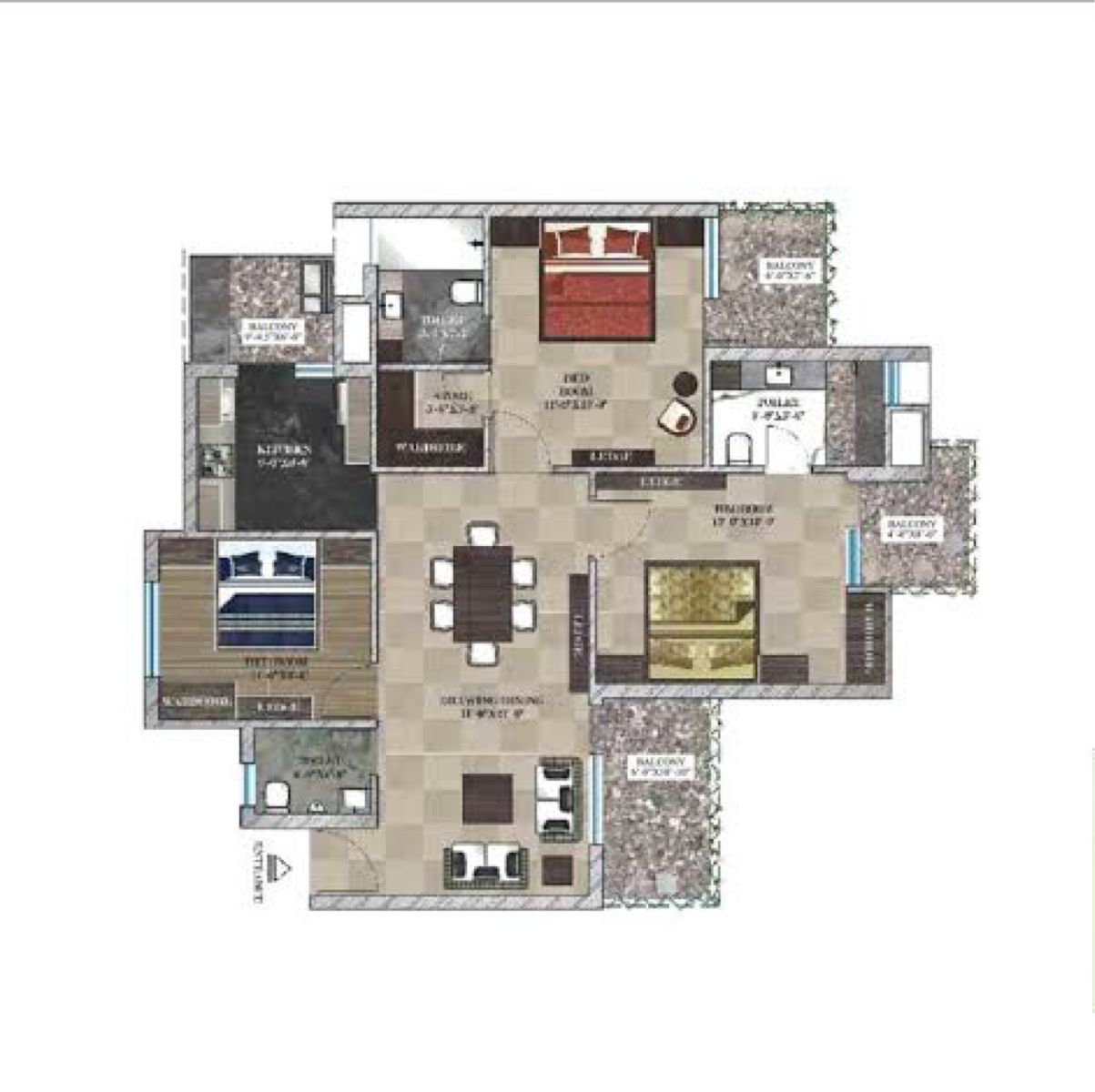 3 BHK + Study Room 1530 Sq.Ft. Apartment in Maya Garden City