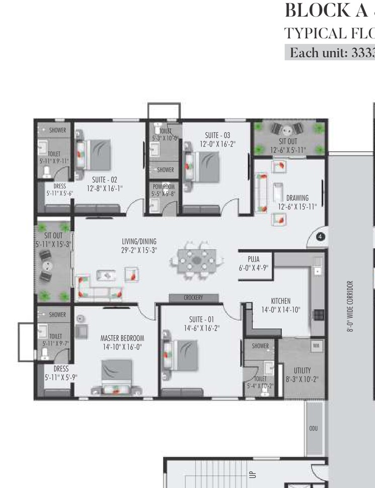 Floor Plan, dsr-the-classe 4 Bedroom 3333 Sq.Ft. Apartment In Narsingi Hyderabad 7839765