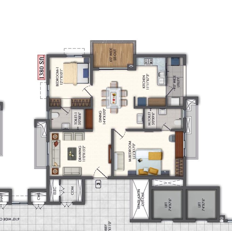 Floor Plan, rajapushpa-pristinia 2 Bedroom 1380 Sq.Ft. Apartment In Kokapet Hyderabad 7845796