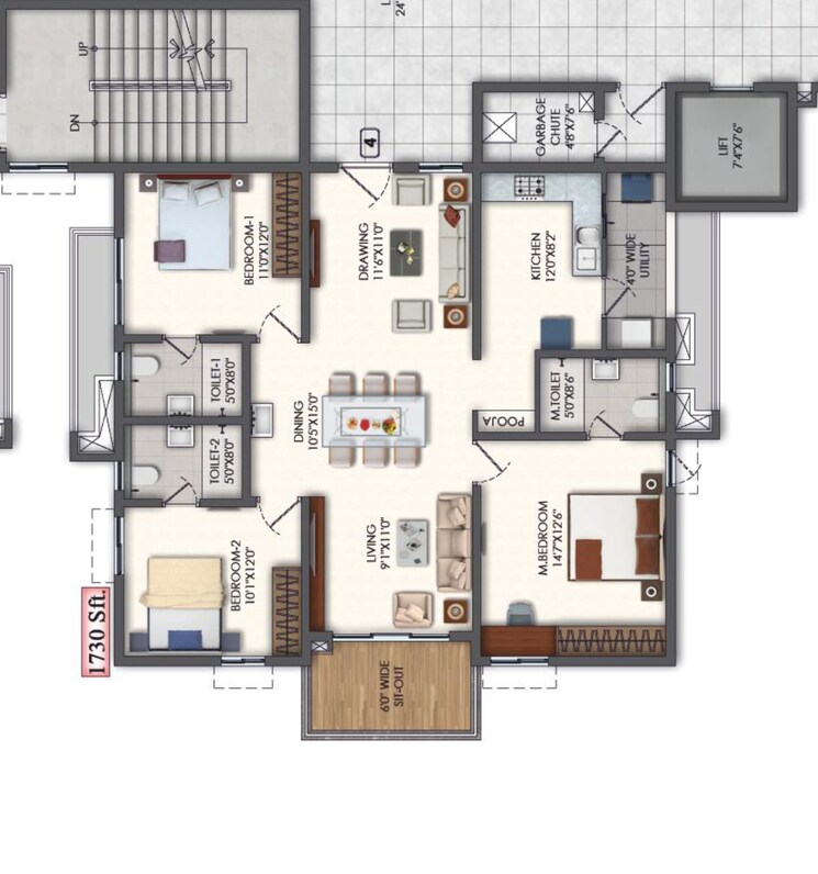 Floor Plan, rajapushpa-pristinia 3 Bedroom 1730 Sq.Ft. Apartment In Kokapet Hyderabad 7845812