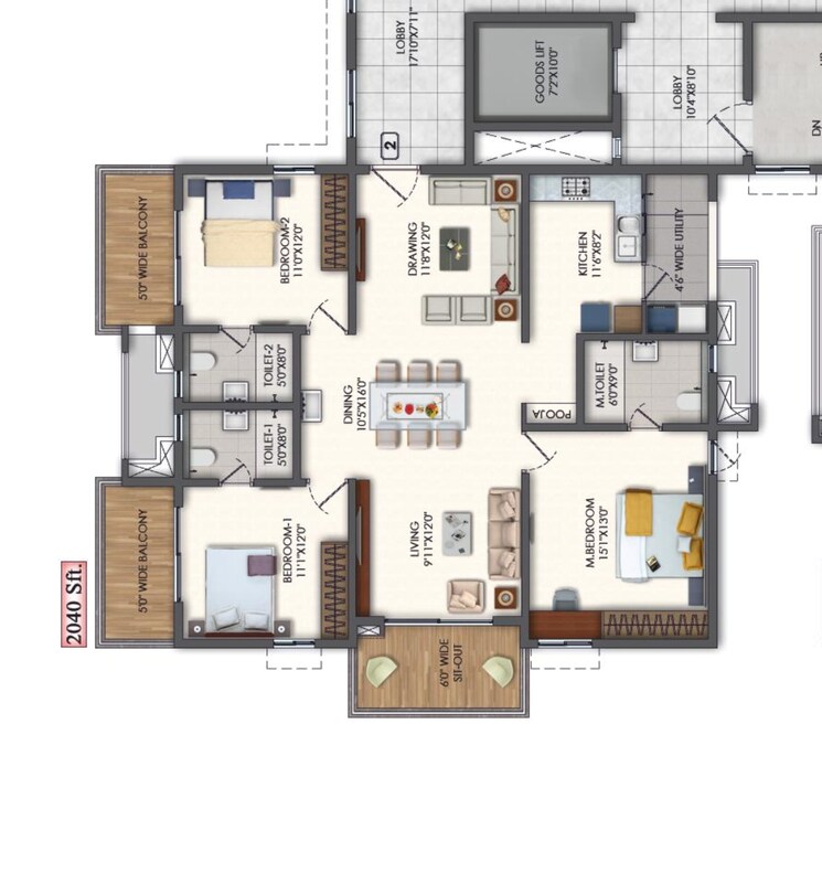 Floor Plan, rajapushpa-pristinia 3 Bedroom 2040 Sq.Ft. Apartment In Kokapet Hyderabad 7845828