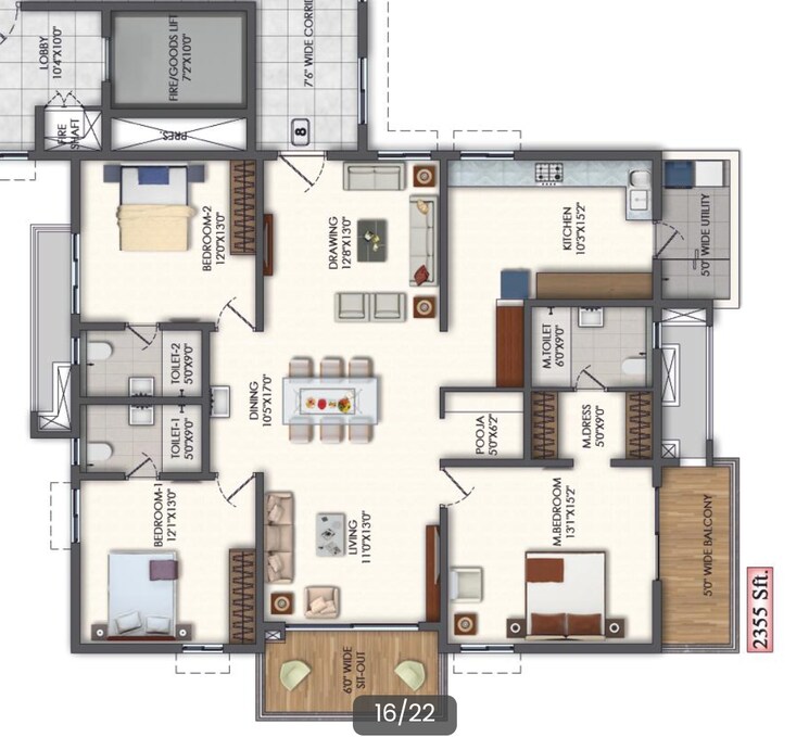 Floor Plan, rajapushpa-pristinia 3 Bedroom 2355 Sq.Ft. Apartment In Kokapet Hyderabad 7845856