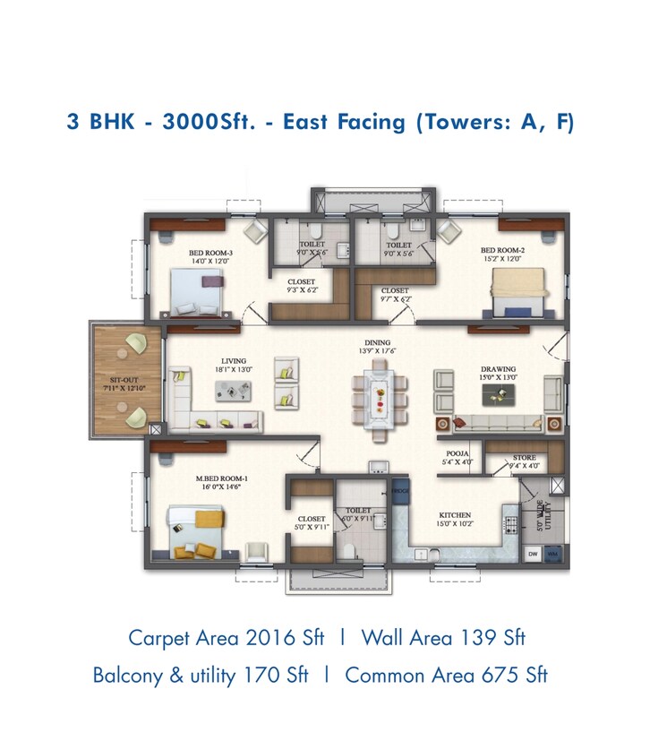 Floor Plan, rajapushpa-pristinia 3 Bedroom 3000 Sq.Ft. Apartment In Kokapet Hyderabad 7845895