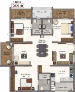 Floor Plan in 3 BHK Apartment at Vision Arsha, Tellapur – for Sale