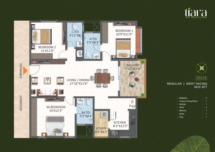 Floor Plan, srias-tiara 3 Bedroom 1670 Sq.Ft. Apartment In Bachupally Hyderabad 7860220