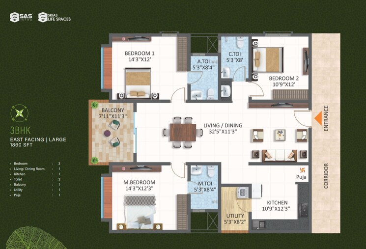 Floor Plan, srias-tiara 3 Bedroom 1860 Sq.Ft. Apartment In Bachupally Hyderabad 7860316