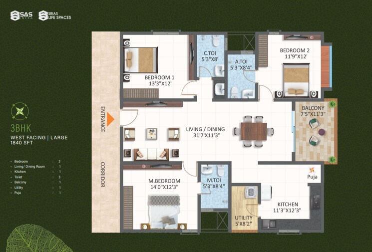 Floor Plan, srias-tiara 3 Bedroom 1840 Sq.Ft. Apartment In Bachupally Hyderabad 7860620
