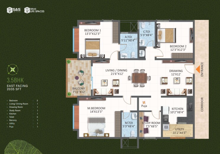 Floor Plan, srias-tiara 3 Bedroom 2035 Sq.Ft. Apartment In Bachupally Hyderabad 7861245