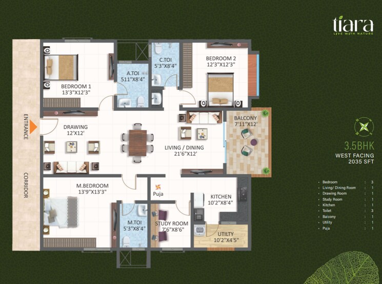 Floor Plan, srias-tiara 3 Bedroom 2035 Sq.Ft. Apartment In Bachupally Hyderabad 7861427