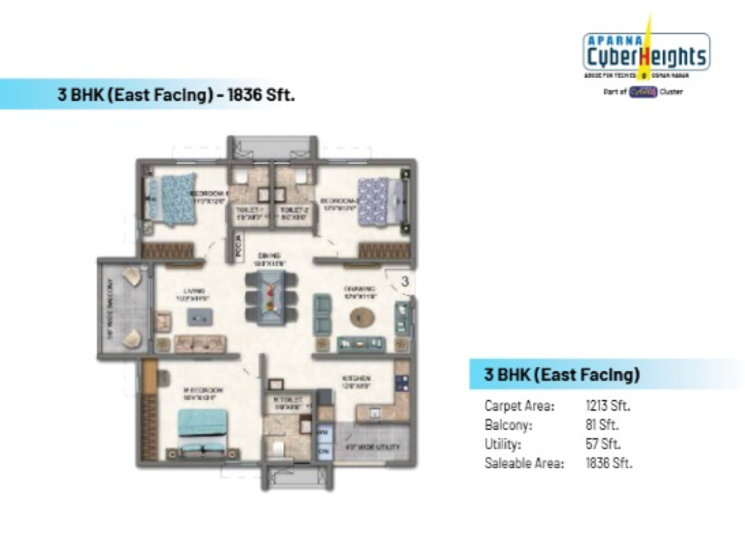 Floor Plan, aparna-cyber-heights 3 Bedroom 1836 Sq.Ft. Apartment In Osman Nagar Hyderabad 7862919