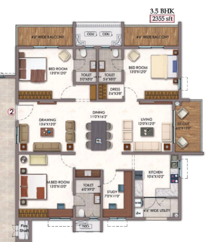 Floor Plan, vision-arsha 3.5 Bedroom 2355 Sq.Ft. Apartment In Osman Nagar Hyderabad 7874398