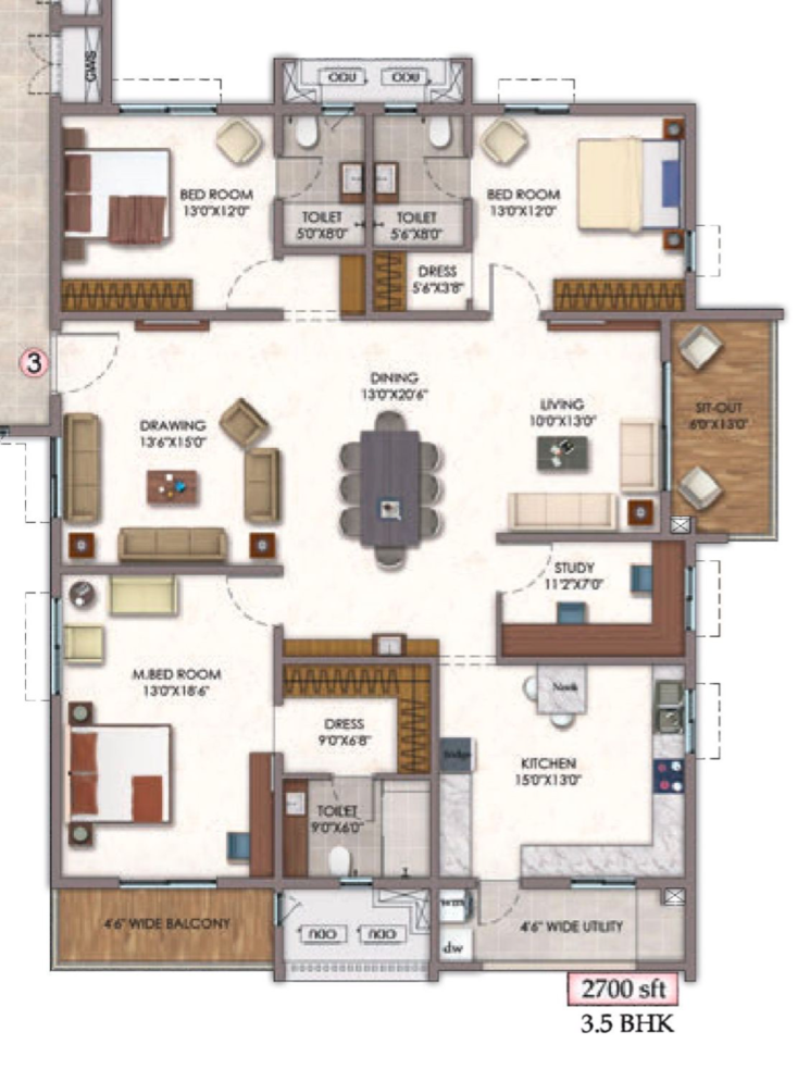 Floor Plan, vision-arsha 3.5 Bedroom 2700 Sq.Ft. Apartment In Osman Nagar Hyderabad 7874409