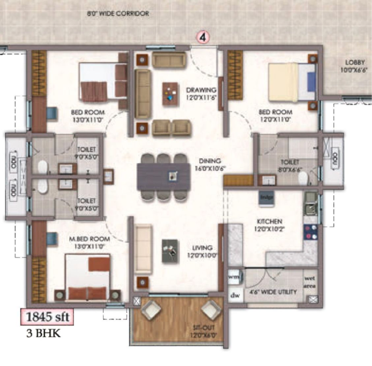 Floor Plan, vision-arsha 3 Bedroom 1845 Sq.Ft. Apartment In Osman Nagar Hyderabad 7874423