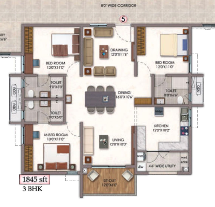 Floor Plan, vision-arsha 3 Bedroom 1845 Sq.Ft. Apartment In Osman Nagar Hyderabad 7874440