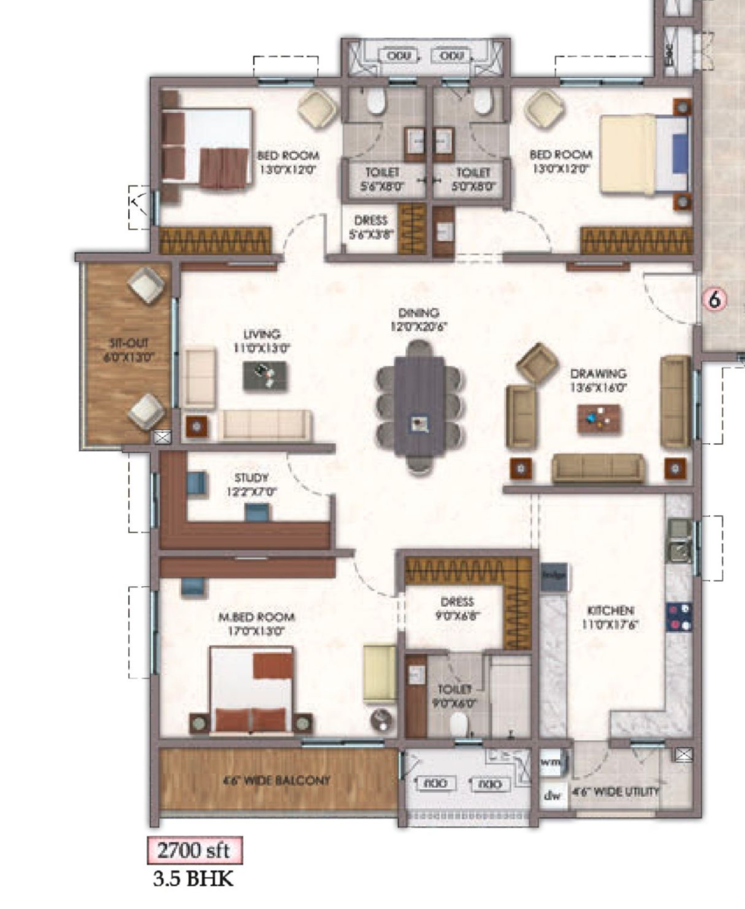 Floor Plan, vision-arsha 3.5 Bedroom 2700 Sq.Ft. Apartment In Osman Nagar Hyderabad 7874456