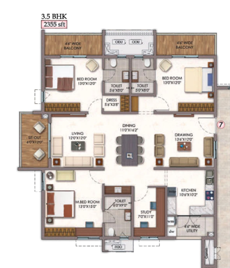 Floor Plan, vision-arsha 3.5 Bedroom 2355 Sq.Ft. Apartment In Osman Nagar Hyderabad 7874470