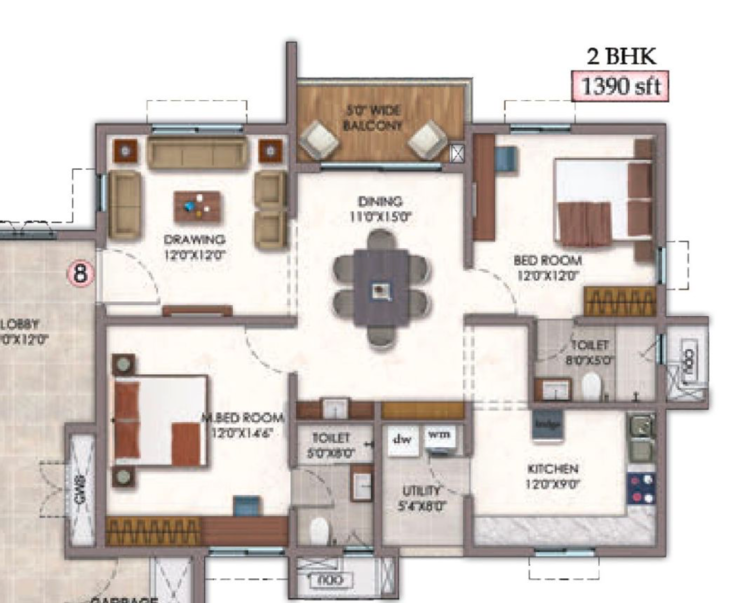Floor Plan, vision-arsha 2 Bedroom 1390 Sq.Ft. Apartment In Osman Nagar Hyderabad 7874481