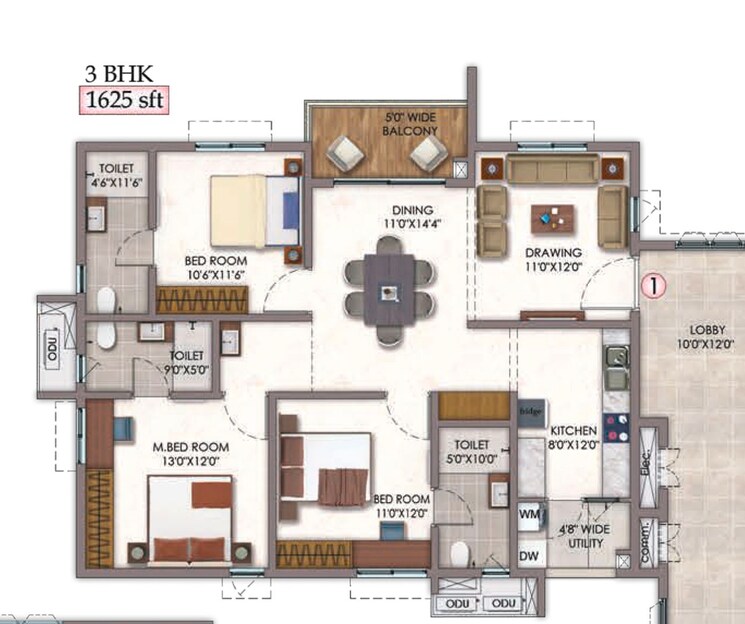 Floor Plan, vision-arsha 3 Bedroom 1625 Sq.Ft. Apartment In Tellapur Hyderabad 7876970