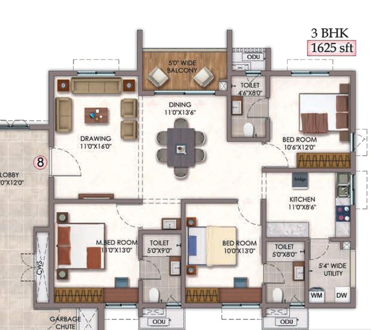 Floor Plan, vision-arsha 3 Bedroom 1625 Sq.Ft. Apartment In Tellapur Hyderabad 7876998