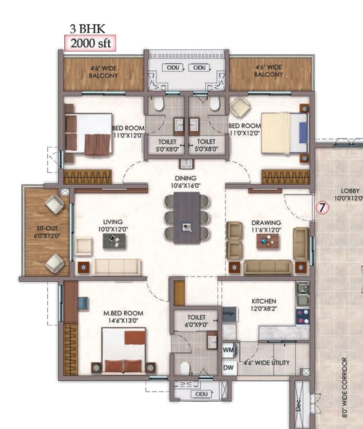 Floor Plan, vision-arsha 3 Bedroom 2000 Sq.Ft. Apartment In Tellapur Hyderabad 7877166