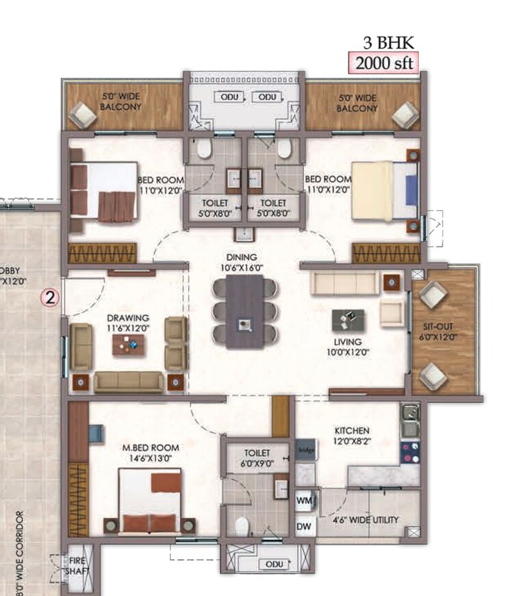 Floor Plan, vision-arsha 3 Bedroom 2000 Sq.Ft. Apartment In Tellapur Hyderabad 7877203