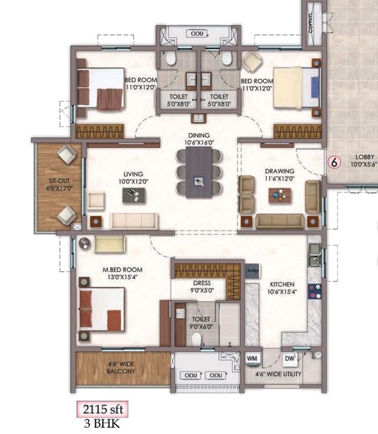 Floor Plan, vision-arsha 3 Bedroom 2115 Sq.Ft. Apartment In Tellapur Hyderabad 7877242