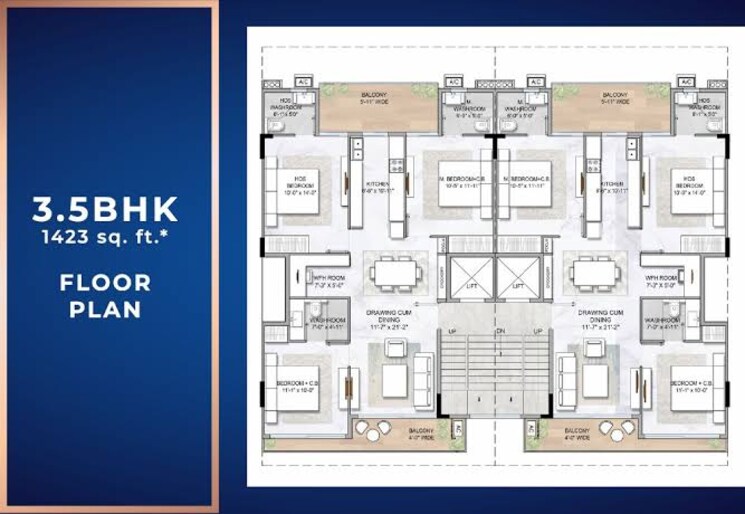 Floor Plan, smart-world-gems 3.5 Bedroom 1423 Sq.Ft. Builder Floor In Sector 89 Gurgaon 7887001