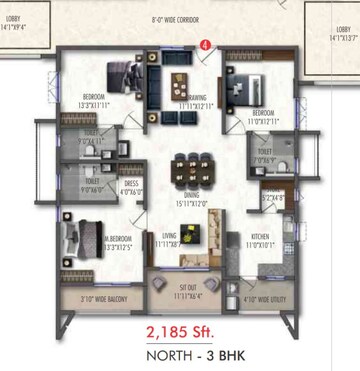 Floor Plan in 3 BHK Apartment at Western Springs, Puppalaguda – for Sale