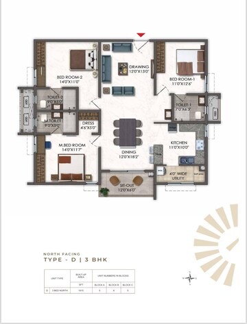 Floor Plan in 3 BHK Apartment at Ramky One Odyssey, Narsingi – for Sale