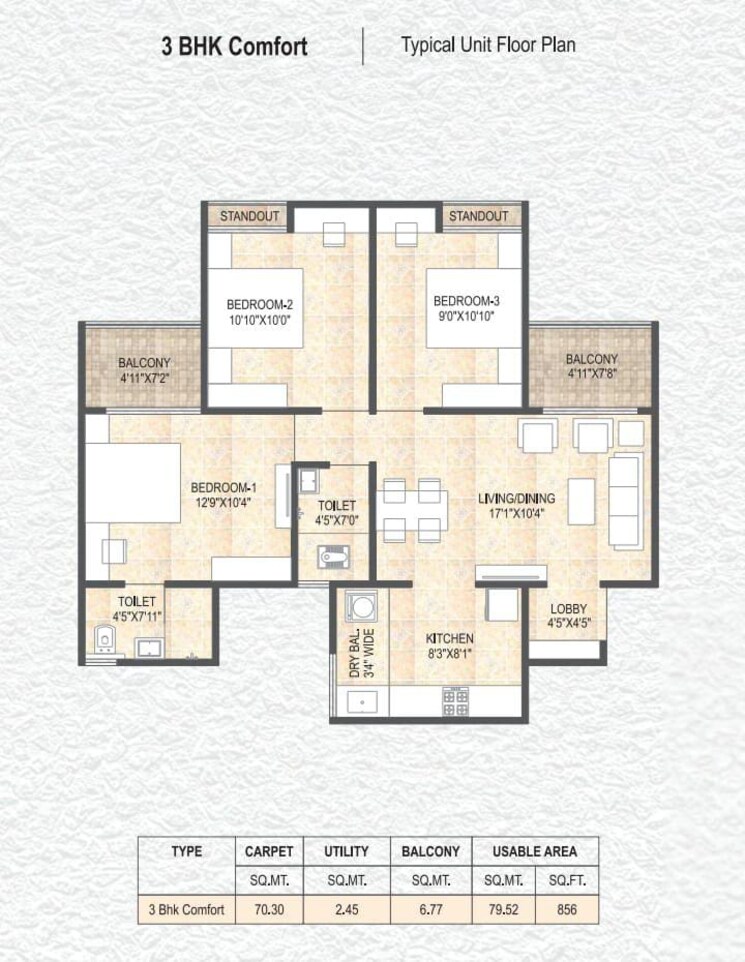 Floor Plan, dr-gavhane-destination-mangalam-marvel 3 Bedroom 897 Sq.Ft. Builder Floor In Charholi Budruk Pune 7891150