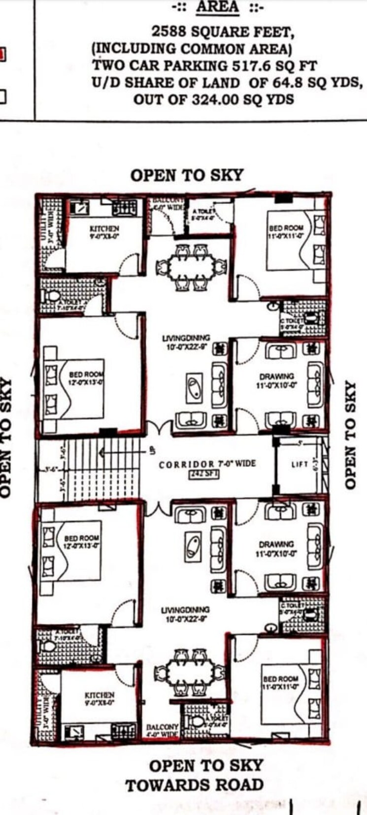 Floor Plan, khaja-towers 3 Bedroom 1294 Sq.Ft. Apartment In Gudimalkapur Hyderabad 7898306
