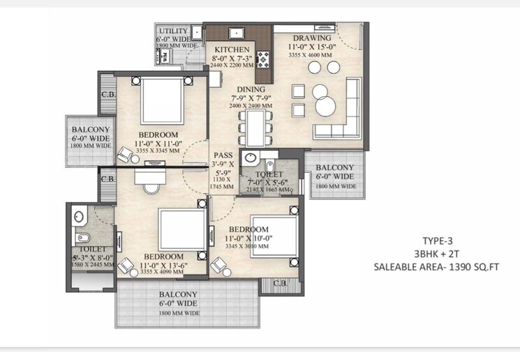 Floor Plan, irish-platinum 3 Bedroom 1690 Sq.Ft. Apartment In Sector 10 Greater Noida Greater Noida 7518616