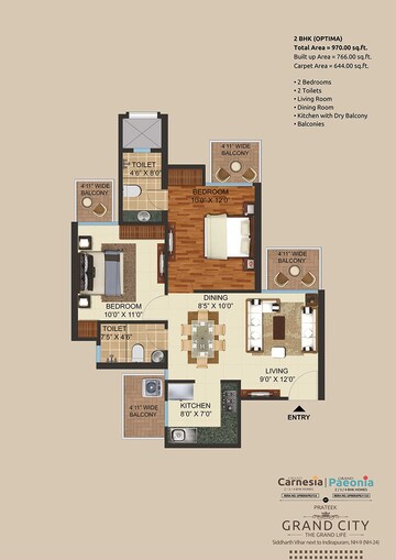 Floor Plan in 2 BHK Apartment at Prateek Grand City, Siddharth Vihar – for Sale